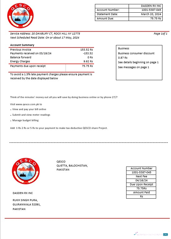 Pakistan Quetta Electric Supply Company electricity business utility bill template in Word and PDF formats